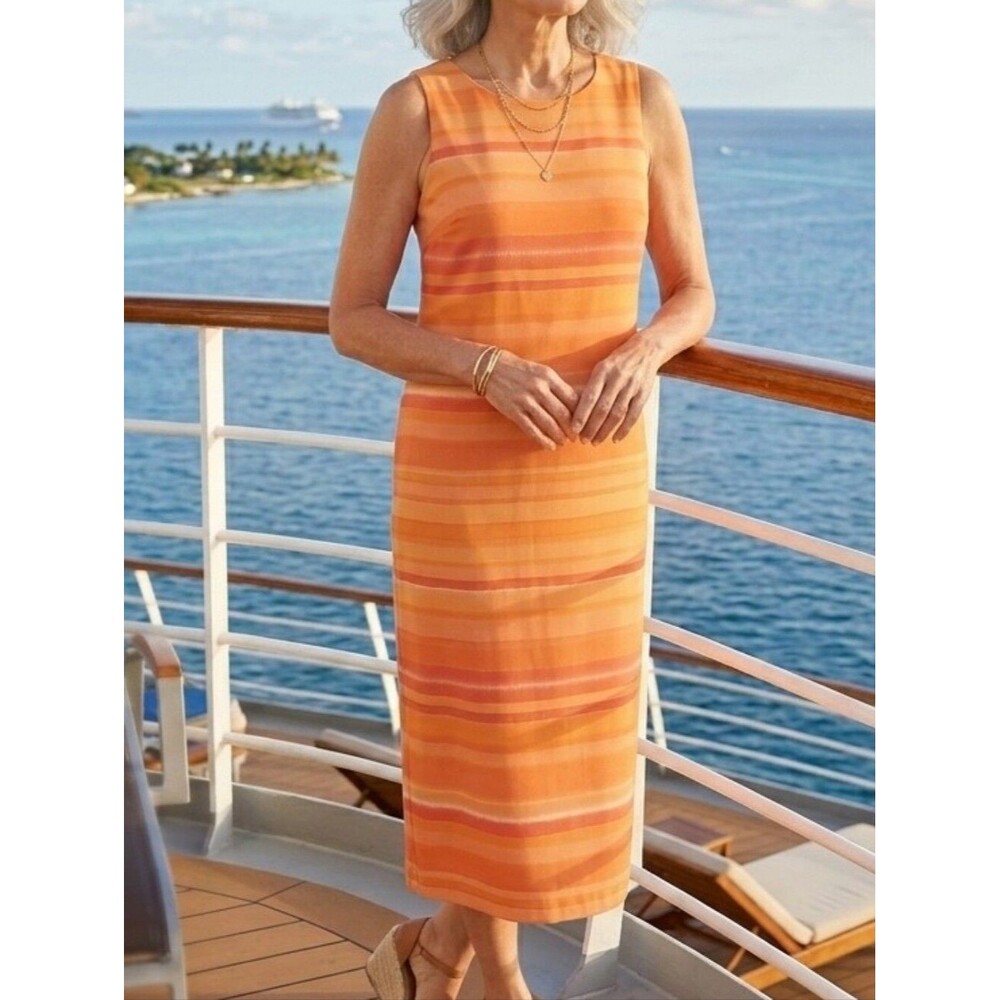 Sag Harbor orange red artsy striped sleeveless midi vacation bold dress size 14p